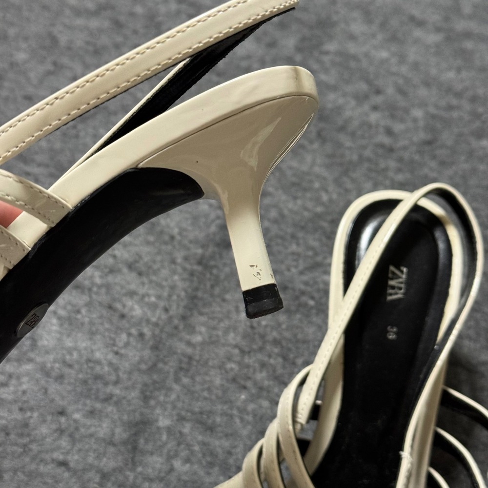Zara Women Cream Patent Multi Buckle Strap Pointed Toe Slingback Kitten Heels 36 - Picture 6 of 7